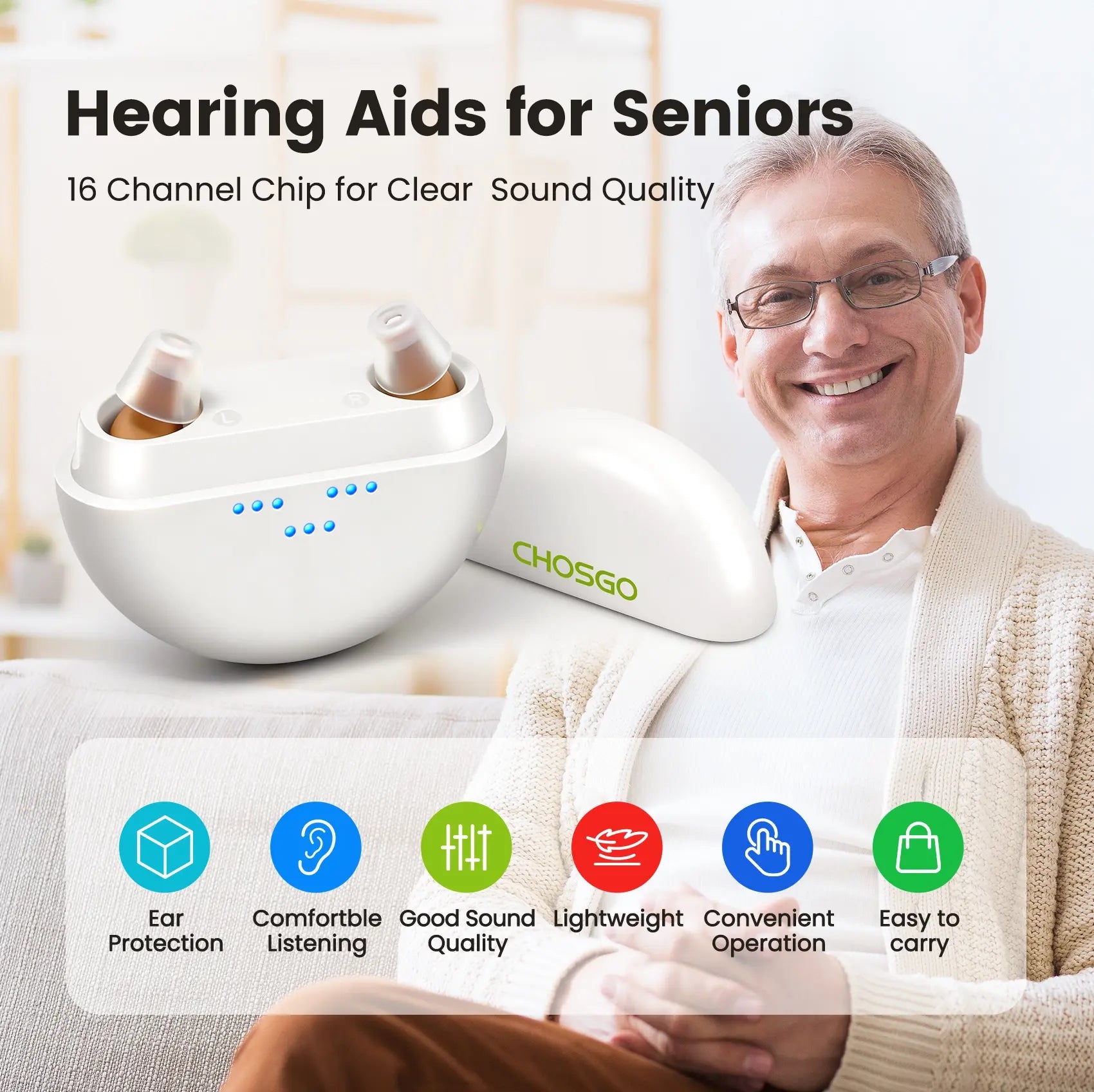 CHOSGO K419R Rechargeable CIC Hearing Aids for Seniors | Invisible OTC Hearing Aid
