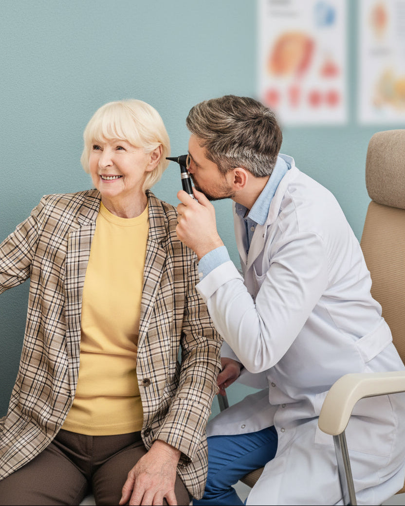 An elderly woman with short blonde hair sits smiling while a male doctor in a white lab coat examines her ear with an otoscope in a clinic setting.